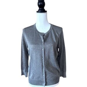 LOFT Silver Metallic Cardigan | Shimmer Button Front Sweater | Size Medium
